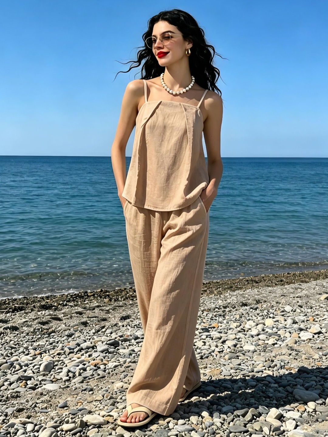 Nwt Linen Rayon Blend 2 Piece Set Wide Leg Pants Cami Set Size Large